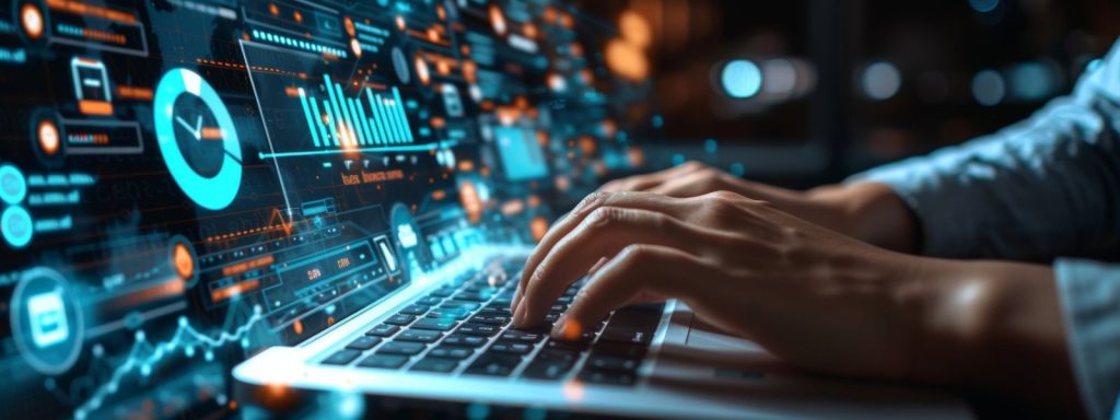 Manos escribiendo en un portátil con tableros de datos digitales