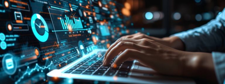 Manos escribiendo en un portátil con tableros de datos digitales